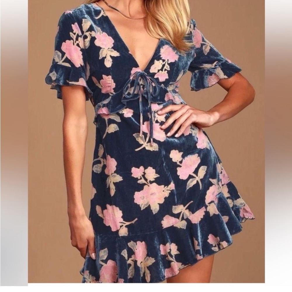 Lulus A Touch of Magic Navy Blue Floral Print Velvet Mini Dress